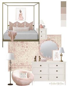 a bedroom is shown with pink and gold accents, including a canopy bed, dressers,