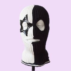 New collection of two-color crocheted women's and men's balaclavas made of cotton yarn with 3 holes. Ski mask black color #53 and white #01 matching the color chart in the last image. Black star embroidered by hand with sequins. Individual and skillful handmade, preserving the uniqueness of each piece. I invite you to check out the new collection. Want a hat in a different color or style, email me before ordering, I will knit to order the model you need. Size:  M- 22" - 22 3/8" (55.9 cm-56.8 cm) Ski Mask Women, Best Friend 30th Birthday Gift, Best Friend 30th Birthday, Black White Crochet, Balaclava Ski Mask, Crochet Balaclava, 30th Birthday Gift, Hat Styles, Star Black