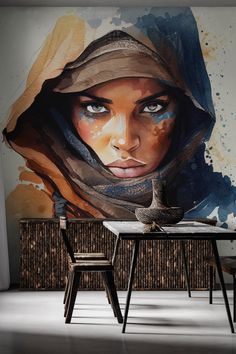 Watercolor painting of a Tuareg woman on wallpaper Boho Woman Art Print, Abstract Wall Art Women, Beauty Salon Wall Art Bohemian, Female Warrior Wall Art, 40 Artwork, Tuareg Woman, Abstract Portrait Painting, 5 Wallpaper, 1% Wallpaper