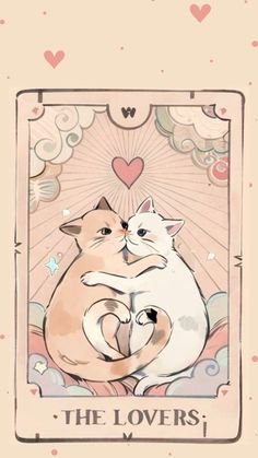 two cats hugging each other on top of a card with hearts and clouds in the background