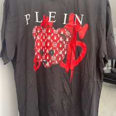 Philipp Plein Men’s Brand New T-Shirt Teddy Edition, Black With Red/White. New With Tags Designer Black Cotton Shirt, Designer Cotton Shirt With Logo Print, Designer Cotton Crew Neck Shirt, Designer Short Sleeve Shirt For Streetwear, Designer Crew Neck Shirt With Logo Print, Designer Black Shirt With Logo Print, Designer Black Shirt With Graphic Print, Designer Crew Neck Shirt For Streetwear, Designer Black Crew Neck Shirt