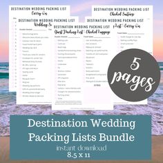 the destination wedding packing list is shown with text overlay that reads 5 pages and there are