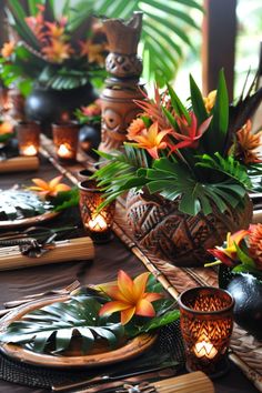 the table is set with plates and place settings