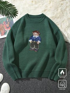 1pc Men's Bear Patch Round Neck Long Sleeve Sweater Pullover Army Green Casual  Long Sleeve Fabric Animal,Cartoon Pullovers Slight Stretch  Men Clothing, size features are:Bust: ,Length: ,Sleeve Length: Animal Cartoon, Fabric Animals, Knitwear Men, Dark Jeans, Sweater Pullover, Pullover Men, Plus Size Blouses, Men Clothing, Sleeve Sweater