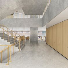 an artist's rendering of the inside of a building with stairs, tables and chairs