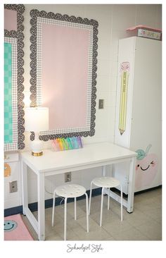 a white desk with two stools in front of it and a mirror on the wall