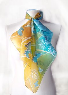 Hand painted scarves Meadow Butterflies  square by MinkuLUL Yellow Silk Scarf For Spring Gift, Yellow Silk Scarf For Summer, Yellow Artistic Silk Scarf For Spring, Artistic Yellow Silk Scarf For Spring, Hand Painted Scarves, Blue Butterflies, Cyan Blue, Hand Painted Silk Scarf, Painted Silk