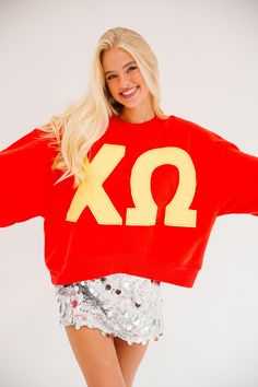 CHI OMEGA RED PULLOVER PULLOVER Judith March Chi Omega Merch, Omega Red, Go Greek, Merch Ideas, Red Pullover, Greek Letters, Chi Omega, Ole Miss, Go Ahead