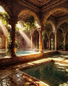 an indoor swimming pool surrounded by arches and columns with sunlight streaming through the windows above