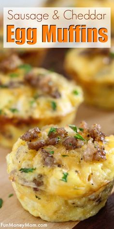 sausage and cheddar egg muffins on a cutting board with text overlay