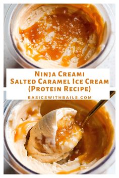 two bowls filled with peanut butter and caramel ice cream on top of each other