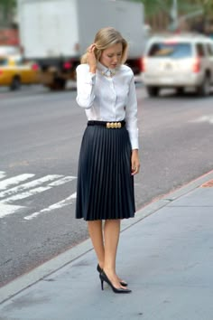 Classy Cubicle, Mary Orton, Accordion Skirt, Collar Tips, White Collared Shirt, Rock Outfit, Black Pleated Skirt, Pleated Skirts, Professional Attire