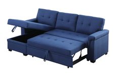 a blue couch with a pull out bed and storage compartment underneath the armrests