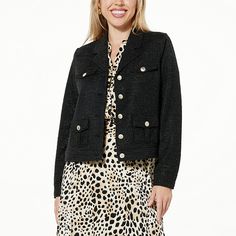 Jaclyn Smith Stretch Knit Tweed Jacket  A crowd-pleaser with its trendy texture and cool pockets, this short, classic everyday jacket has the power to elevate even the most casual outfits. Sitting right at the hip, the button-front topper keeps your look classy and a little sharper and sleeker than your typical outerwear. Pair this durable yet soft-to-the-touch tweed jacket with dark denim for a rustic yet refined autumn look, or layer it over a floral sundress for a chic spring or summer ensemb Knit Tweed, Everyday Jacket, Autumn Look, Look Classy, Jaclyn Smith, Floral Sundress, Draped Fabric, Black Beauty, Affordable Clothes