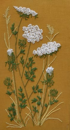 some white flowers and green leaves on a yellow background