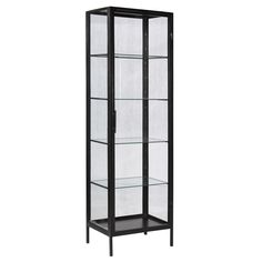 a black glass display case with two shelves