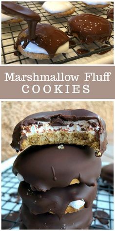 chocolate covered marshmallow fluff cookies stacked on top of each other with text overlay