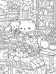 a black and white coloring page with two teddy bears in a flower shop surrounded by flowers