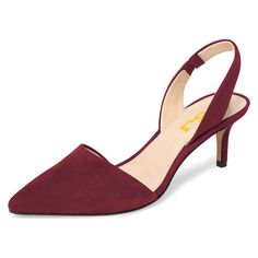 Rich Maroon Elegance: These Maroon Suede Slingback Pumps exude a rich maroon hue that adds a touch of opulence to your outfit, making you stand out effortlessly. Sleek Suede Texture: Crafted with luxurious suede, these pumps offer a soft and sleek texture that adds a sophisticated dimension to your ensemble. Chic Kitten Heel: The kitten heel design strikes the perfect balance between style and comfort, providing a subtle lift that's ideal for both formal events and everyday wear. Adjustable Slingback: The adjustable slingback strap ensures a secure fit, offering convenience and ease while adding a modern flair to your look. Versatile Style: These pumps effortlessly transition from day to night, making them a versatile choice for various occasions, from office meetings to evening galas. Ele Pumps For Work, Bright Colored Heels, Heels Slingback, Pencil Heels, Work Formal, Kitten Heel Shoes, Party Music, Shoes Wedding, Kitten Heel Pumps