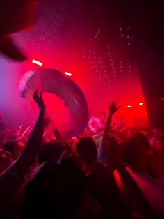 a crowd of people at a concert with their arms in the air and one person holding an inflatable tube