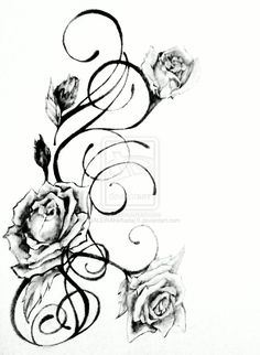 a drawing of roses and swirls on a white background with the letter e in black ink