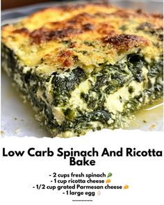 low carb spinach and ricotta bake recipe on a plate with text overlay