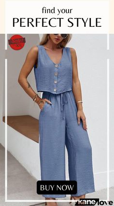 Button Sleeveless Drawstring Loose Pants Set Summer Wide-leg Pants With Drawstring, Loose Fit Ankle-length Vacation Pants, Leisure Drawstring Wide-leg Pants, Cotton Drawstring Full-length Pants, Solid Color Wide-leg Drawstring Pants, Loose Pants, Elevate Your Style, Your Perfect, Womens Bottoms