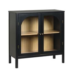 a black cabinet with two doors and shelves