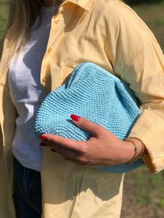 HANDMADE STRAW POUCH CLUTCH BAG 🛍️Inspired by nature sustainable fashion ✅Any woman must have this bag for every fashionista.Whether you keeping it to yourself or gifting someone you care, it will be unforgettable. Daily use, a fashionable women's accessory for special occasions ✅I made this beautiful clutch from natural paper rope which is organic cotton. ✅The interior of the straw summer bag is fully lined with cotton and has a hidden metal lock. A lining of the appropriate color is sewn into Spring Travel Clutch With Woven Details, Spring Travel Woven Clutch, Handmade Blue Shoulder Bag For Spring, Spring Woven Clutch For Everyday Use, Natural Clutch For Everyday Use In Spring, Handmade Pouch Clutch For Spring, Blue Handwoven Bags For Spring, Casual Summer Everyday Clutch, Eco-friendly Pouch Bags For Spring