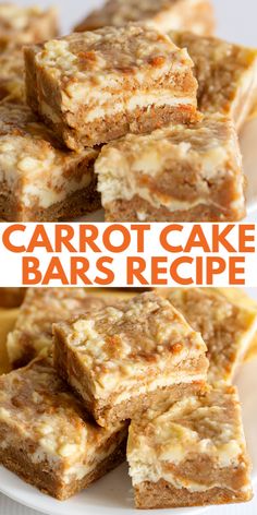 the best carrot cake bars recipe on a white plate with oranges in the background