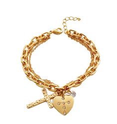 ✨ Timeless Design: Gold-plated cross and heart pendant bracelet crafted from alloy, iron, and zircon for enduring elegance. 🌟 Quality Craftsmanship: Thickened plating process ensures resistance to fading, maintaining its lustrous shine over time. 💎 Chic Embellishments: Cross and love shapes adorned with glass, creating a relaxed, calm, and high-level aesthetic. 🌿 Elegantly Effortless: Achieve an air of lazy elegance with a 3cm pendant and an 18cm size, offering a quiet sophistication. 🌈 Skin Elegant Gold Charm Bracelet For Gifting, Elegant Gold Charm Bracelet Gift, Gold Metal Cross Jewelry, Gold Metal Jewelry Gift, Gold Metal Jewelry For Gifts, Gold Cross-shaped Metal Jewelry, Elegant Cross Metal Bracelets, Elegant Metal Cross Bracelet, Elegant Cross-shaped Metal Bracelet