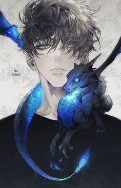 an anime character holding a blue dragon in his hand and looking at the camera with eyes closed