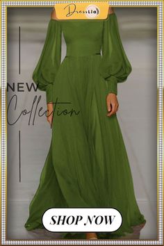 Solid Off-the-shoulder Chiffon Long Dress Chic Chiffon Dress For Banquet, Long Sleeve Pleated Chiffon Party Dress, Pleated Long Sleeve Chiffon Party Dress, Pleated Long-sleeve Chiffon Party Dress, Elegant Spring Chiffon Dress For Banquet, Chic Lantern Sleeve Maxi Dress For Party, Formal Long Sleeve Summer Chiffon Dress, Long Sleeve Chiffon Dress For Summer Formal Events, Formal Long Sleeve Chiffon Dress For Summer