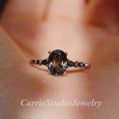 Untraditional Engagement Rings Black, Ritulated Quartz Engagement Ring, Black Rutilated Quartz Engagement Ring Silver, Black Rings For Women Engagement, Black Moissanite Ring, Dark Stone Engagement Ring, Black Wedding Ring For Women, Untraditional Rings, Black Stone Ring Women