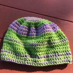 Green /Lavender Color Combo. Adjustable Purple Casual Beanie, Adjustable Casual Purple Beanie, Purple Yarn Beanie Hat, Purple Beanie Hat, One Size, Purple One Size Beanie Hat, Casual Purple Crochet Hat, Purple Yarn Cap, Purple One Size Cap, One Size Purple Cap