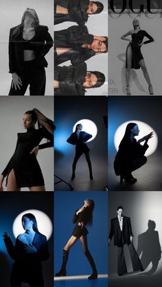 many different images of people in black and white outfits with their shadows on the wall