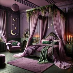 a bedroom decorated in purple and green with an elaborate canopy bed surrounded by pink curtains