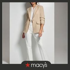 in stock Cream Linen Suit Women, Neutral Business Outfits, Linen Blazers Women, Khaki Pants Outfit, Dinner Outfit Casual, Khaki Slacks, Branding Shoot, Cream Blazer, Tan Pants