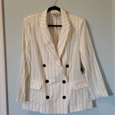 Nwt Women's Suit Jacket. Size Large. Ivory With Black Stripes. Lightweight Rayon Nylon Mix Fabric. Two Front Pockets. Extra Buttons Included. Off White Blazer For Fall Workwear, Off White Blazer For Workwear In Fall, Off White Long Sleeve Blazer For Work, Long Black Blazer, Black Tweed Jacket, Red Blazer Jacket, Black Suit Jacket, Suit Jackets For Women, Beautiful Suit