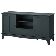 an entertainment center with two doors and one drawer on the side, in dark grey