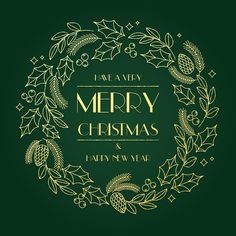 merry christmas and happy new year greeting card with golden lettering on green background, illustration