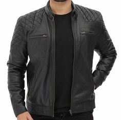 Black Sheepskin Leather Men's Biker Quilted Jacket | All For Me Today Cafe Racer Jacket, Racer Jacket, In The Winter, Quilted Leather, Quilted Jacket, Biker Jacket, Winter Season