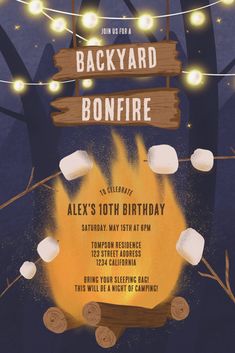 Backyard Bonfire Birthday Party Invitations Glow Dance Party, Backyard Bonfire Party, Bonfire Birthday Party, Glow Dance, Bonfire Birthday, Outdoor Birthday Party, Backyard Bonfire, Bonfire Party, Outdoors Birthday Party