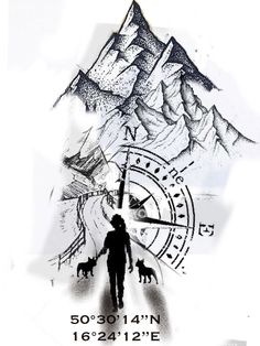 a drawing of a man and his dog walking in front of a mountain with the time on it