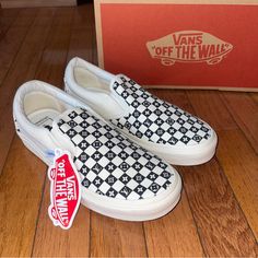 Vans Lv Pattern White Black Checkered Slip-On Sneaker Shoes Are A Size Mens 6 Wmns 7.5 Shoes Are Brand New With Box Box Says Size 6.5 But The Shoes Are A Size 6 Please Check Out Our Other Items White Platform Vans, Lv Pattern, Leopard Print Vans, Tan Sneakers, Vans Checkered, Slipon Sneakers, Vans Black And White, Top Sneakers Women, Black Checkered