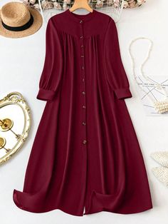 Plus Size Women's Solid Color Loose Fit Casual Long Sleeve One-Button Dress For Spring And Summer Burgundy Casual  Long Sleeve Woven Fabric Plain Smock Non-Stretch  Women Plus Clothing, size features are:Bust: ,Length: ,Sleeve Length: Long Frock Designs For Women, Frocks Designs For Women, Frock Designs For Women, Frocks For Women, Long Frocks Designs, Unique Dress Design, Christmas Burgundy, Muslimah Fashion Casual, Long Frock Designs