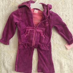 Purple With Pink Trim 3 Pc Velour Track Suit With Pink Long Sleeve Shirt. Pink Cotton Hooded Sets, Hooded Pink Cotton Sets, Cute Purple Cotton Sets, Playful Purple Playtime Set, Purple Cotton Playwear Sets, Playful Fitted Purple Sets, Cute Purple Loungewear Sets, Playful Purple Long Sleeve Sets, Cute Long Sleeve Purple Sets