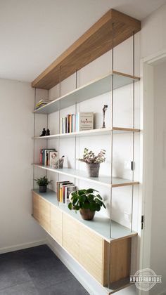 a shelf with books and plants on it