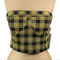 Yellow And Black Plaid Cropped Bustier From Meraki In Size Large. Padded Cups And Strapless, New With Tags Attched. 10” Length 17” P/P (R) Yellow Sleeveless Crop Top With Built-in Bra, Yellow Fitted Sleeveless Tube Top, Fitted Yellow Sleeveless Tube Top, Fitted Yellow Crop Top With Built-in Bra, Yellow Sleeveless Tube Top For Party, Yellow Fitted Strapless Tube Top, Yellow Bandeau Tube Top For Party, Yellow Fitted Bandeau Top, Fitted Yellow Bandeau Crop Top