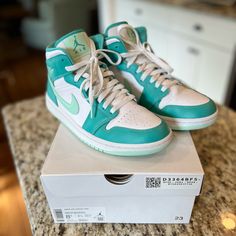 Nike Women’s Air Jordan 1 Mid, Washed Teal/Mint Foam-White, Size 8.5, Worn 3x Seafoam Nike Jordans, Teal Air Jordan 1, Air Jordan 1 Blue Mint, Air Jordan 1 Mid Blue Mint, Jordan 1 Mid Mystic Navy Mint Foam, Shoes Nike Women, Air Jordan Mid, Womens Air Jordans, Nike Green